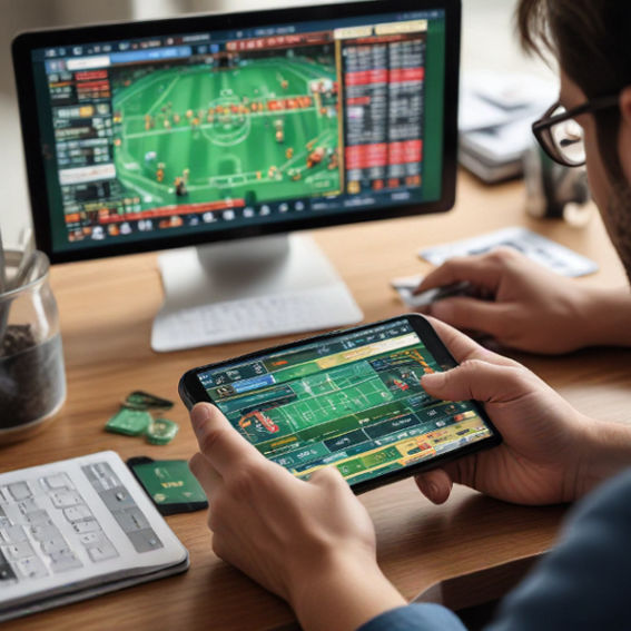 A person with a smartphone, immersed in sports betting, sits at a desk with slot gacor game open, combining strategies.