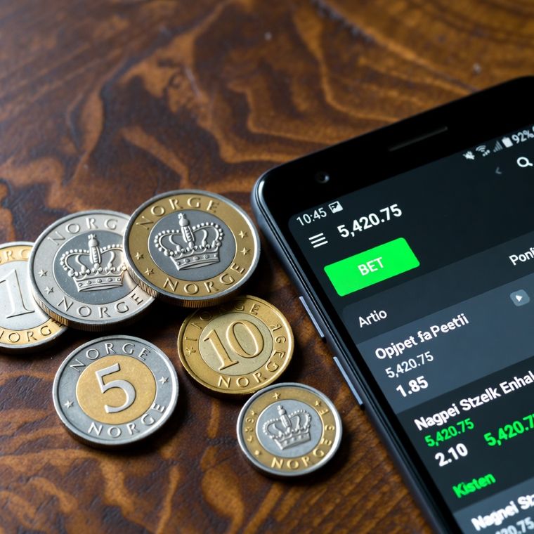 Norwegian krone coins beside a mobile sports betting screen