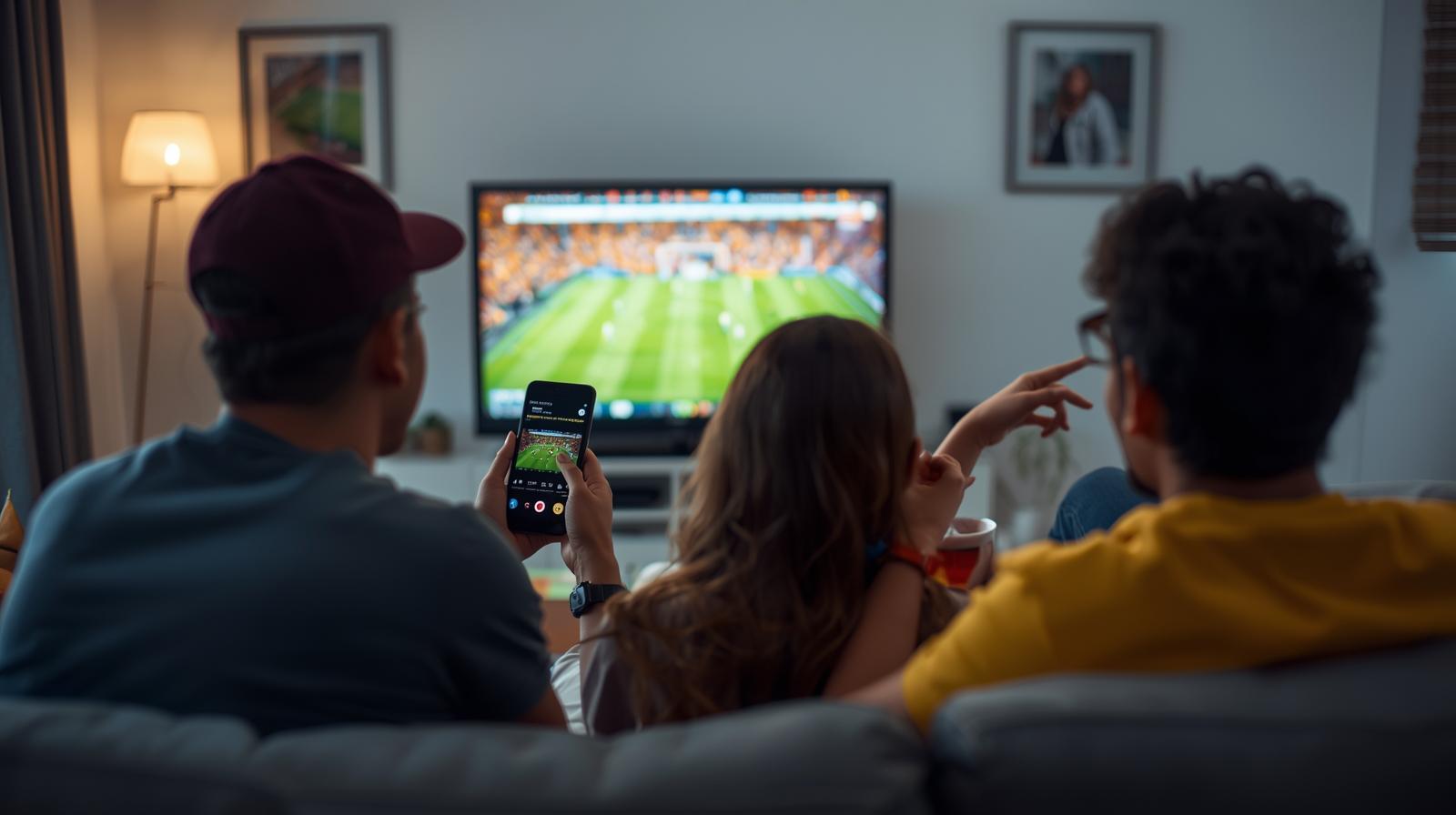 Brazilian fans enjoying football while casually engaging with modern sports betting platforms together.