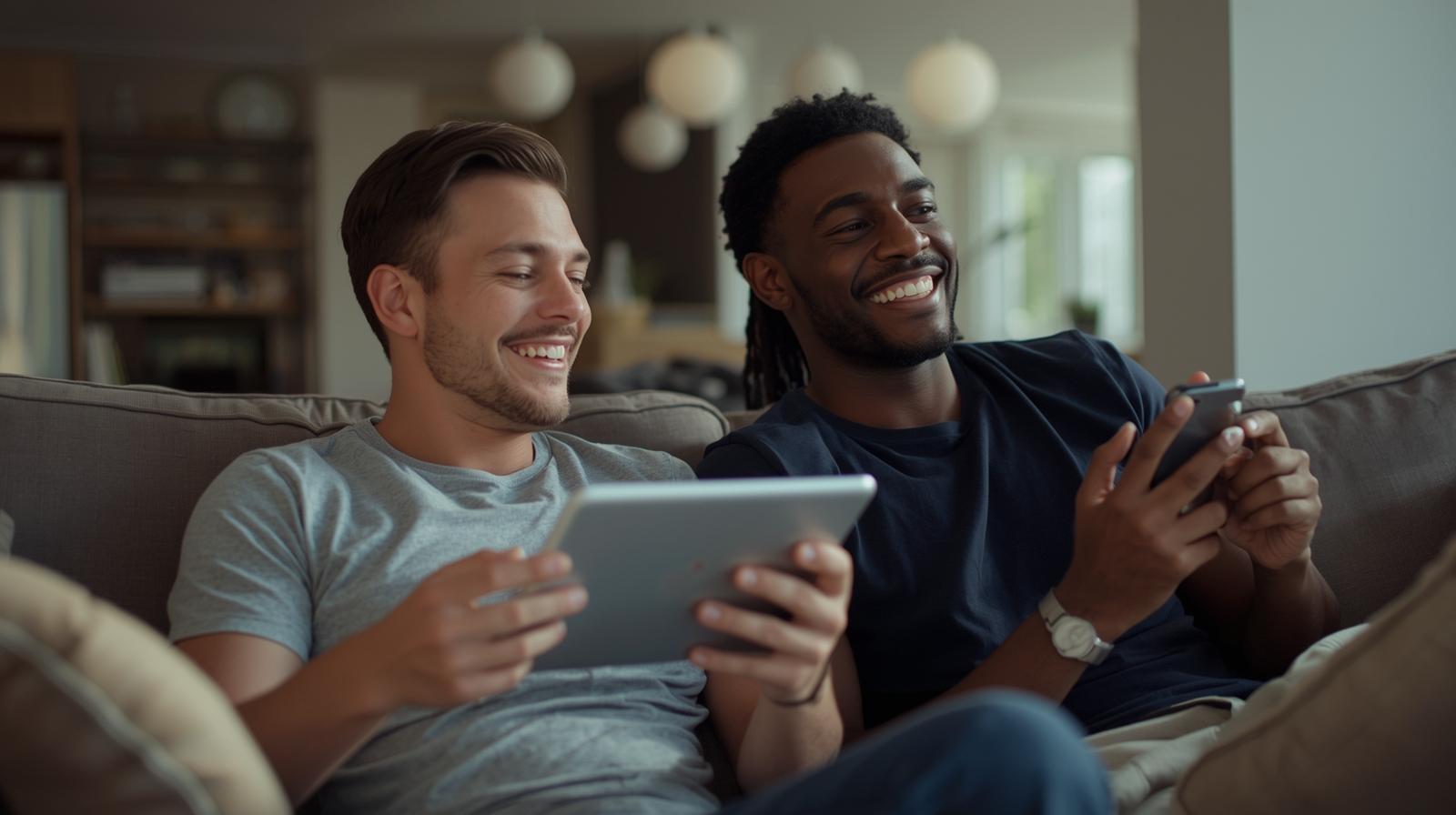 People responsibly engaging with live sports wagering at home using digital devices together.