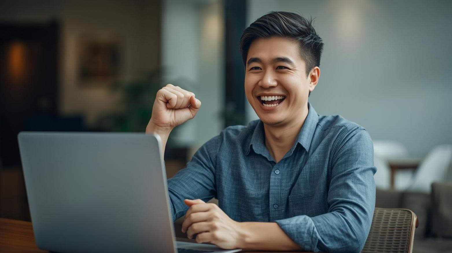 Cheering man celebrating online lottery win using laptop at home in bright setting.