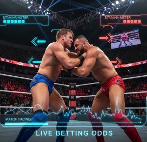 Intense wrestling match scene with athletes grappling under bright arena lights, analytical overlays showing stamina meters, tactical arrows, and match pacing indicators, modern sports betting visual style.