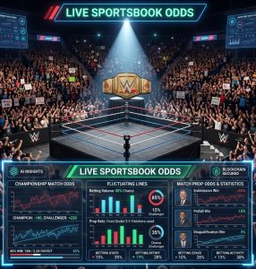 A professional wrestling arena packed with fans, championship belt in spotlight, overlaid with live betting odds and fluctuating sportsbook lines on a digital screen interface.