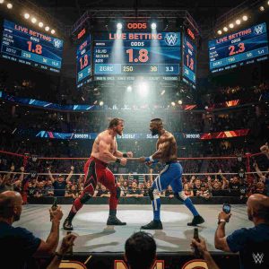 A dramatic wrestling ring scene with two wrestlers facing off, bright arena lights, betting odds displayed on digital screens, intense crowd atmosphere, mix of sports entertainment and betting visuals.