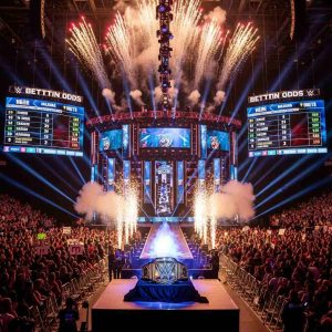 A grand wrestling pay-per-view event stage with fireworks, championship belt glowing, massive crowd, digital betting odds boards