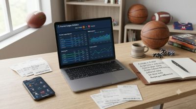 sports betting preparation, featuring a laptop displaying sports statistics and match analysis, a notebook with strategy notes, a smartphone showing live sports schedules, betting slips, and sports equipment in the background
