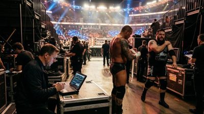 Professional wrestling arena with two performers preparing backstage while an analyst studies historical match statistics on a tablet